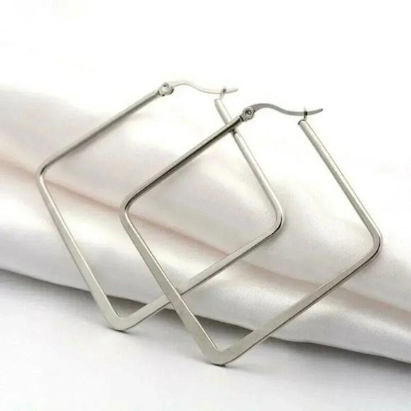 Surgical Stainless Steel Bladed Rhombus 57x59mm Silver Hoop Earrings - Picture 1 of 1